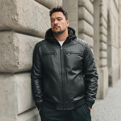 Big Size Ανδρικό Μπουφάν από Δερματίνη με Κουκούλα