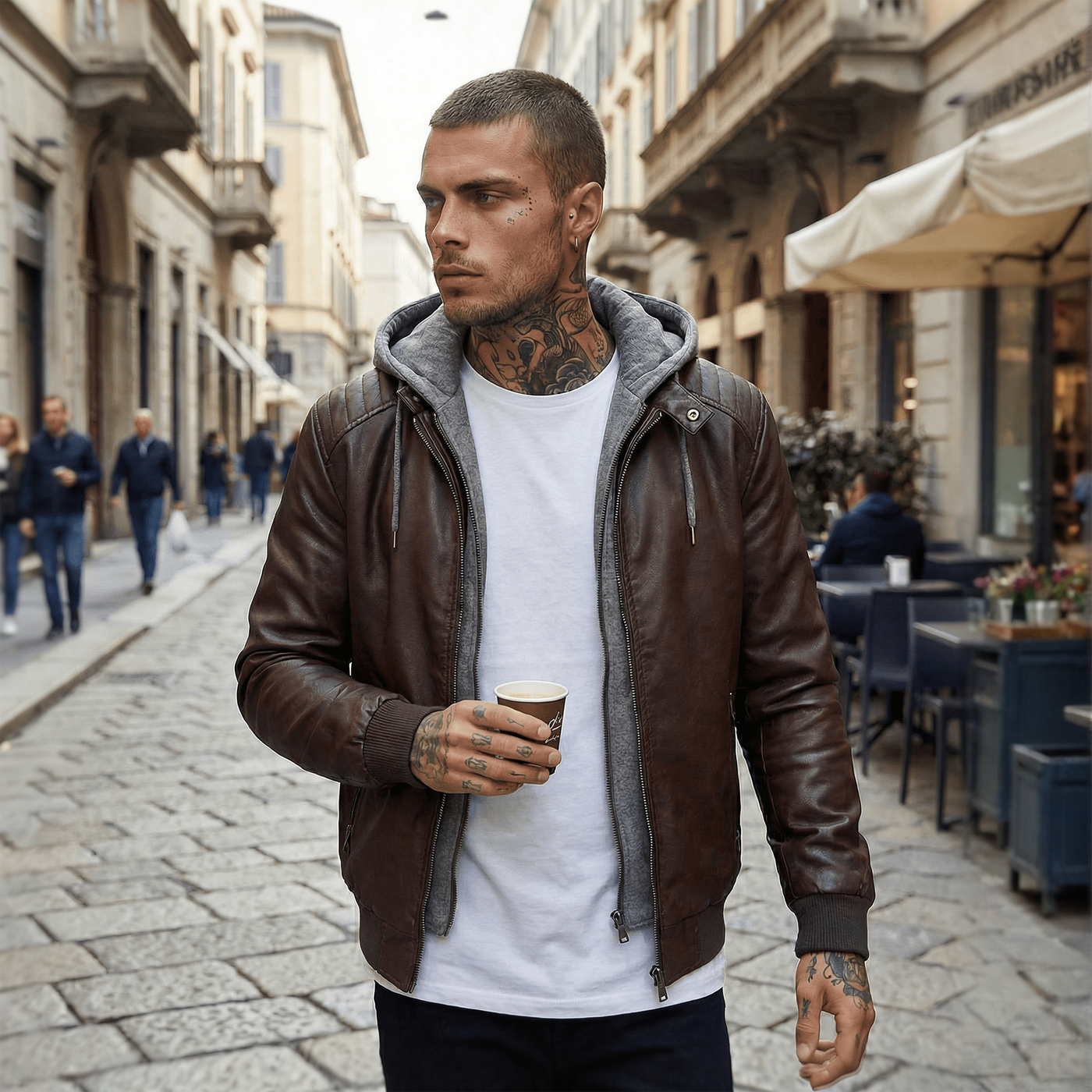 Ανδρικό Μπουφάν από Δερματίνη με Κουκούλα