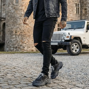 Ανδρικό Παντελόνι Τζιν με Σκισίματα Ελαστικό σε Κανονική Εφαρμογή Μαύρο