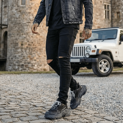 Ανδρικό Παντελόνι Τζιν με Σκισίματα Ελαστικό σε Κανονική Εφαρμογή Μαύρο